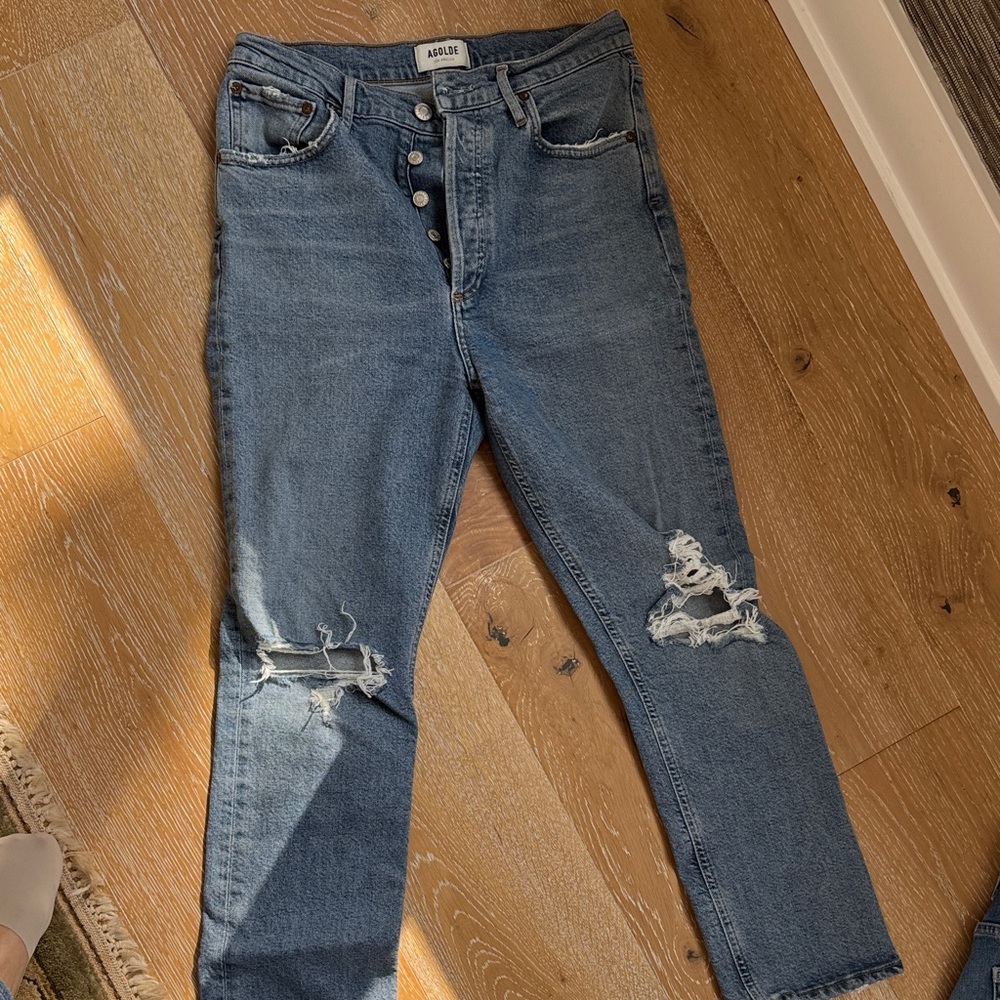 Agolde Medium Blue Distressed Straight-Leg Jeans